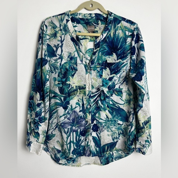 Chico's Mixed Animal Floral Print 100% Cotton Roll Tab Sleeve Blouse Top Sz 2/L - Picture 1 of 11